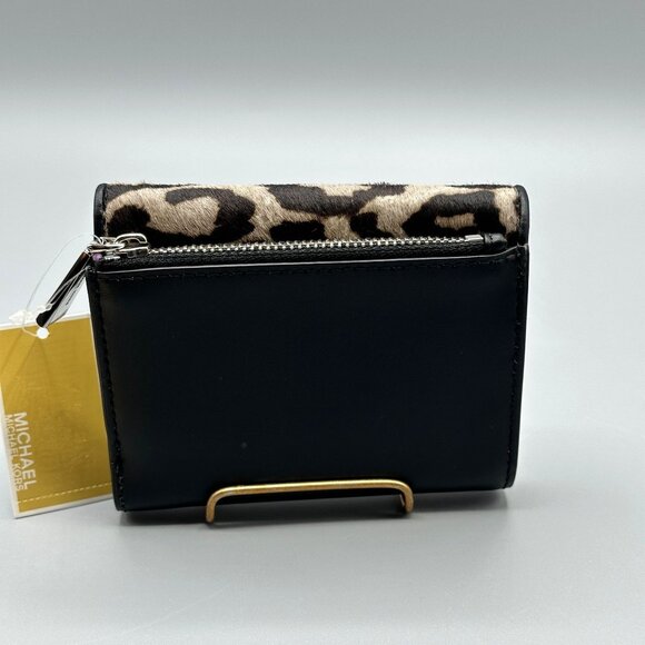 Michael Kors Black Leather Leopard Print Heather Grey Calf Hair Trifold Wallet - Picture 3 of 16
